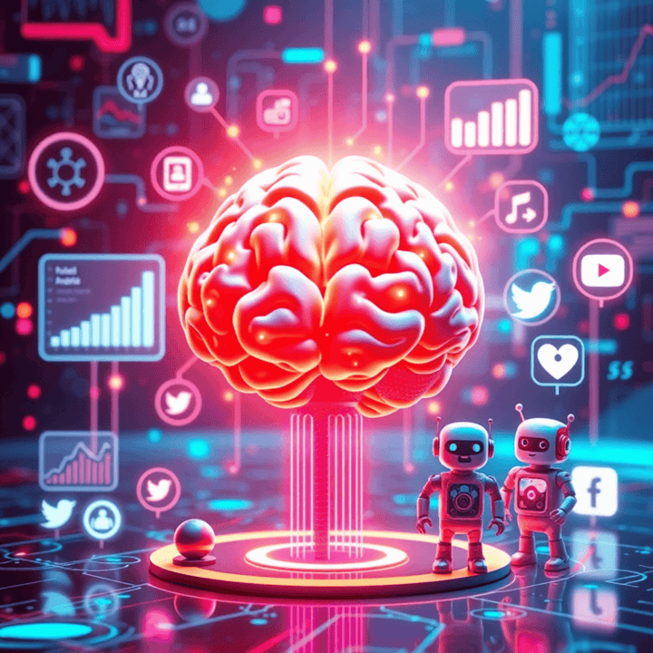 AI-powered digital marketing strategies represented by a futuristic glowing brain, automation bots, and social media analytics.