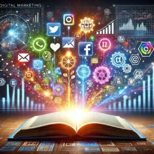 Glowing book at the center with vibrant digital marketing icons emerging, symbolizing storytelling in digital marketing. The background features a futuristic digital cityscape with floating social media symbols and data graphs