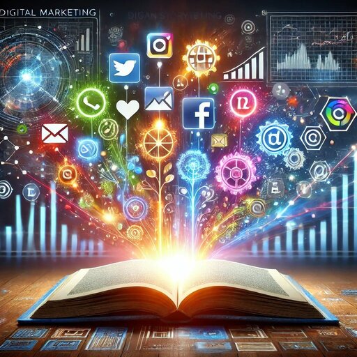 Glowing book at the center with vibrant digital marketing icons emerging, symbolizing storytelling in digital marketing. The background features a futuristic digital cityscape with floating social media symbols and data graphs