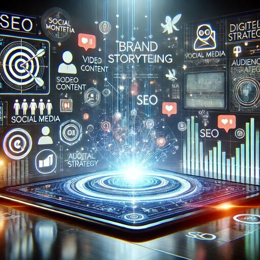 Digital marketer holding a glowing tablet with vibrant storytelling elements, including social media icons, video play buttons, email marketing symbols, and audience engagement visuals, representing brand storytelling in digital marketing.